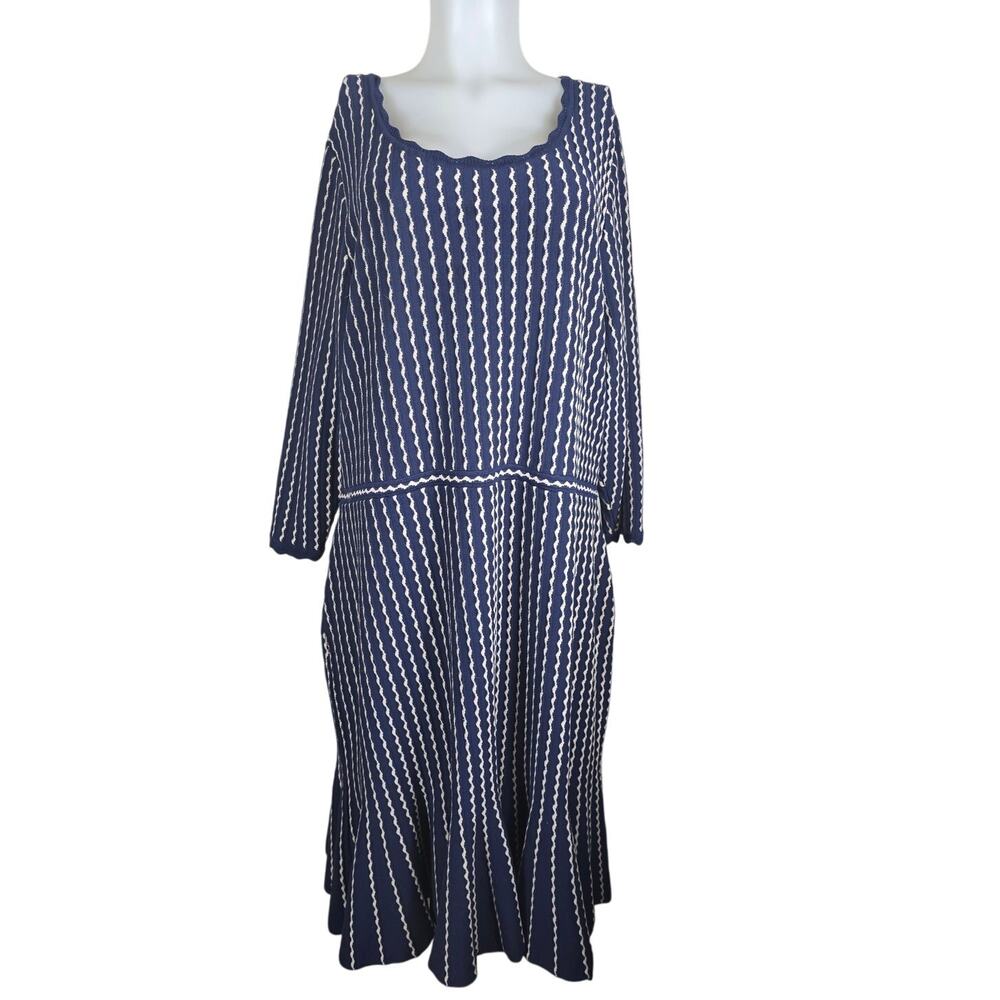 Lane Bryant Fit  Flare Scalloped Neck Line Sleeves Blue Tan Women's Dress 26/28